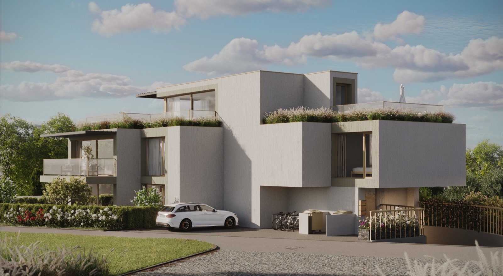 Helle, moderne Wohnüberbauung von KEE Properties, durch die KEE Gate-Form maskiert